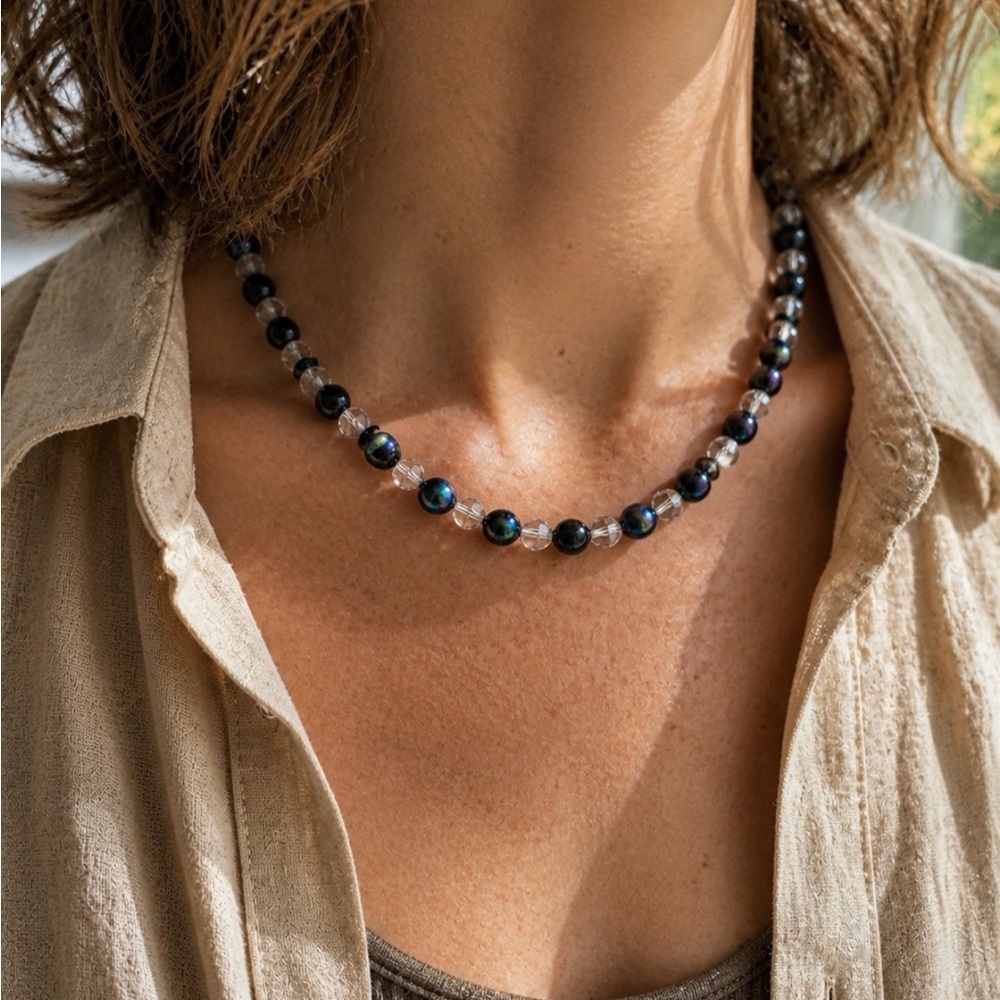 Vintage Black AB Glass & Crystal Beaded Necklace 17” Iridescent